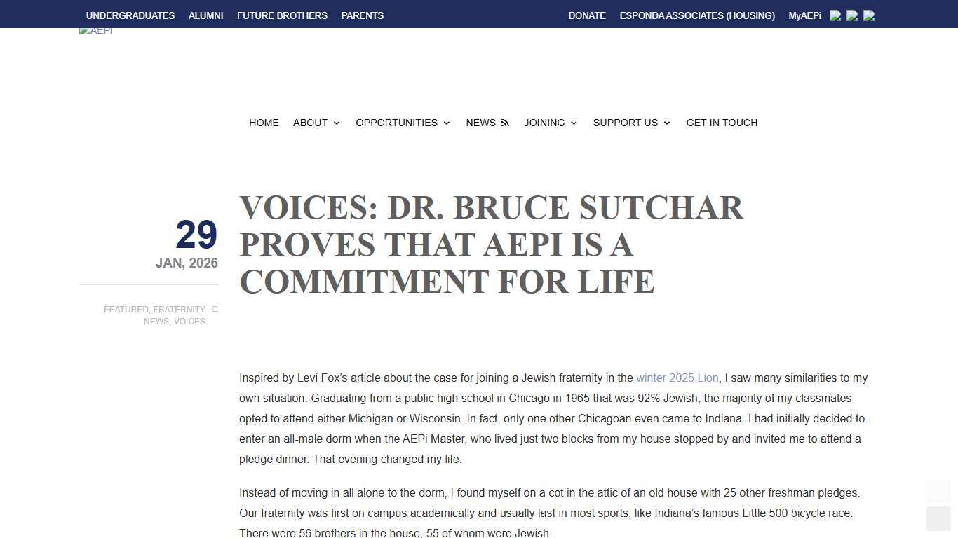 Voices: Dr. Bruce Sutchar Proves That AEPi is a Commitment For Life AEPi