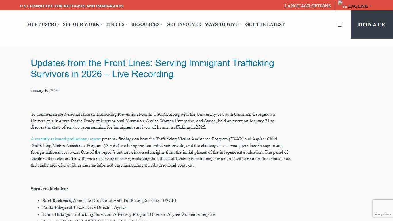 Updates from the Front Lines: Serving Immigrant Trafficking Survivors in 2026 – Live Recording - USCRI